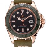 Rolex Yacht Master Black Dial Green Bezel Rose Gold Case Green Leather Bracelet 1453862