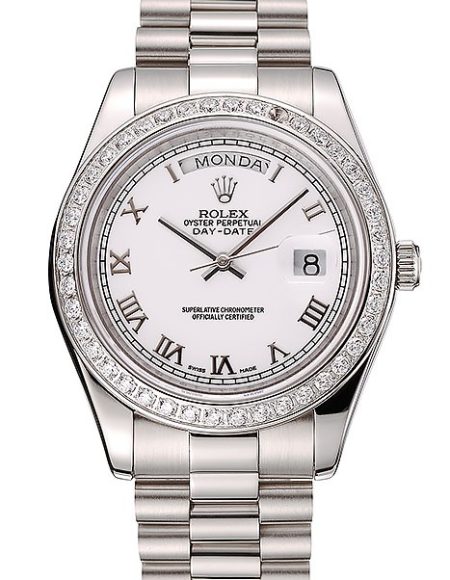 Swiss Rolex Day-Date White Dial Diamond Case Stainless Steel Bracelet 1453967