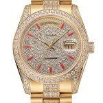 Swiss Rolex Day-Date Red Diamond Pave Dial Gold Diamond Bracelet 1453960