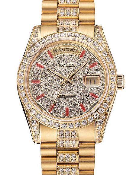 Swiss Rolex Day-Date Red Diamond Pave Dial Gold Diamond Bracelet 1453960