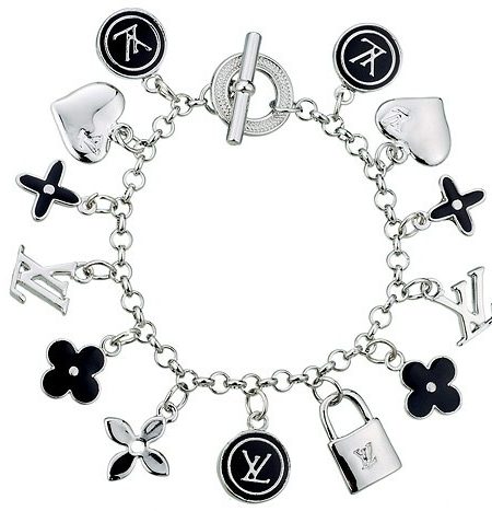 Louis Vuitton Replica Black Enameled Classic LV Monogram Silver Charm Bracelet 2165-81