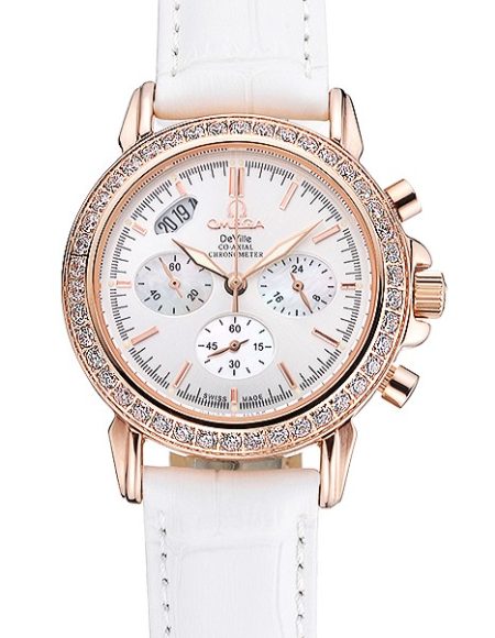 Omega Speedmaster Chronograph White Dial Gold Diamond Case White Leather Bracelet  622455
