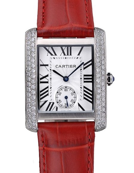 Cartier Tank MC Stainless Steel Diamond Case White Dial Red Leather Strap  622173