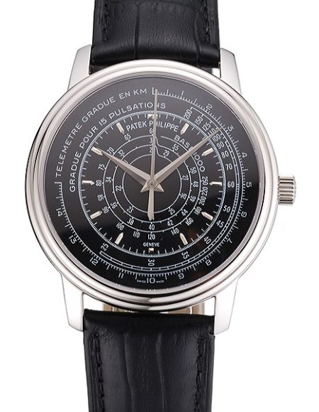 Swiss Patek Philippe Multi-Scale Chronograph Black Dial Stainless Steel Case Black Leather Strap
