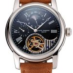 Patek Philippe Grand Complications GMT Moonphase Tourbillon Black Dial Stainless Steel Case Brown Suede Leather Strap 1453822