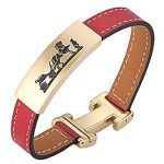 Hermes Replica Insignia Engraved Brass Trim Logo Clasp Slim Red Leather Bracelet