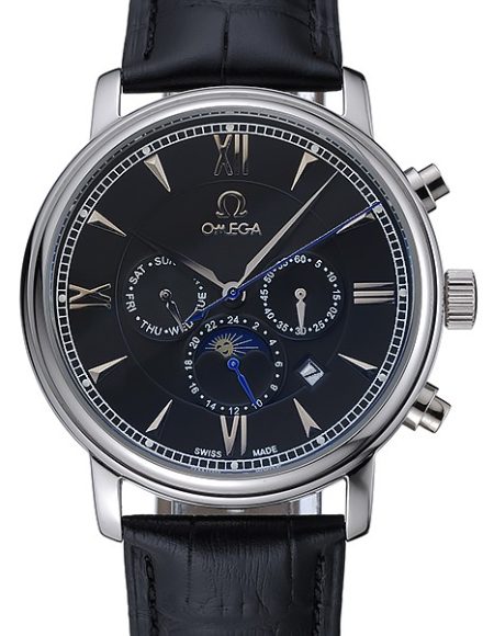 Omega De Ville Moonphase Black Dial Silver Case Black Leather Bracelet  1454225