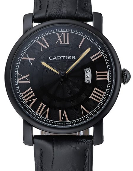 Cartier Rotonde Black Dial Black Case Black Leather Bracelet  1454218