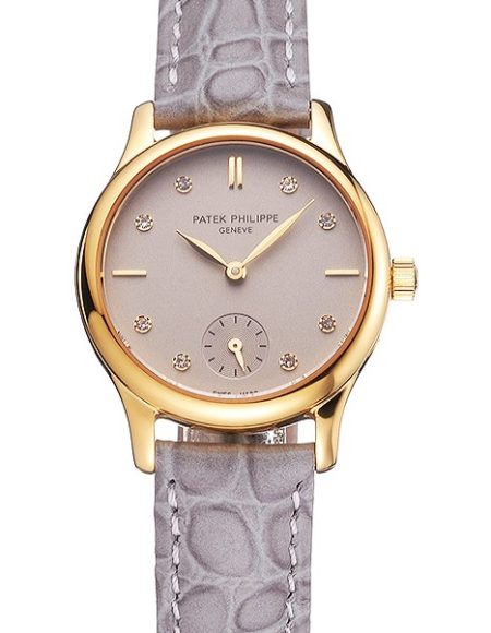 Patek Philippe Calatrava Gray Dial Diamond Markings Gold Case Gray Leather Strap