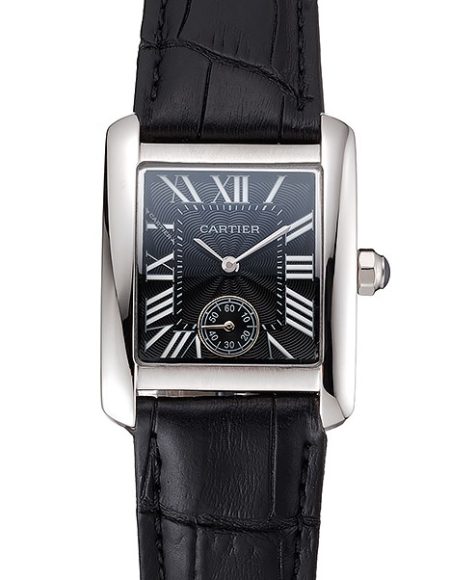 Cartier Tank MC Stainless Steel Case Black Dial Black Leather Strap  622174