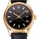 Swiss Rolex Datejust Black Dial Gold Case Black Leather Strap