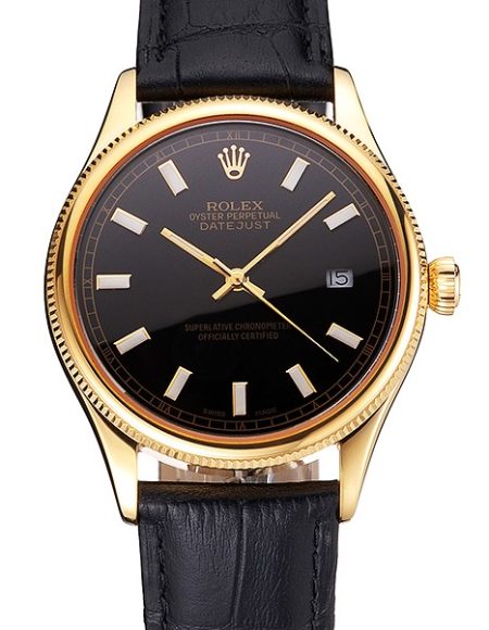 Swiss Rolex Datejust Black Dial Gold Case Black Leather Strap