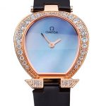 Omega Ladies Watch Blue Dial Gold Case With Diamonds Black Leather Strap  622830