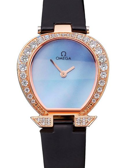 Omega Ladies Watch Blue Dial Gold Case With Diamonds Black Leather Strap  622830