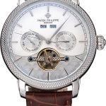 Patek Philippe Day Date Tourbillon White Dial Stainless Steel Case Embossed Bezel Brown Leather Strap  622837