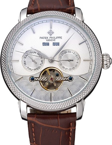 Patek Philippe Day Date Tourbillon White Dial Stainless Steel Case Embossed Bezel Brown Leather Strap  622837