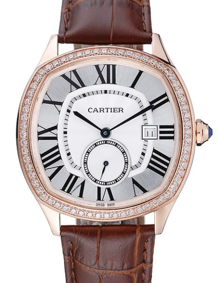 Cartier Drive De Cartier White Dial Silver Diamond Case Brown Leather Bracelet 1454216