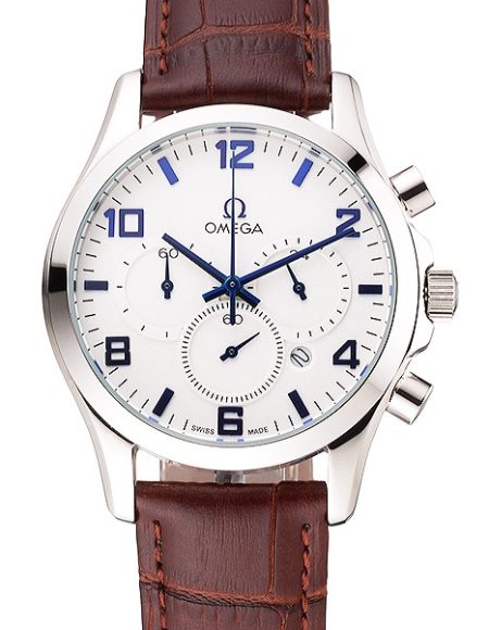 Omega Chronograph White Dial Blue Numerals Stainless Steel Case Brown Leather Strap