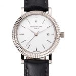 Patek Philippe Calatrava White Dial Double Ribbed Bezel Stainless Steel Case Black Leather Strap