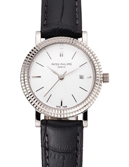 Patek Philippe Calatrava White Dial Double Ribbed Bezel Stainless Steel Case Black Leather Strap
