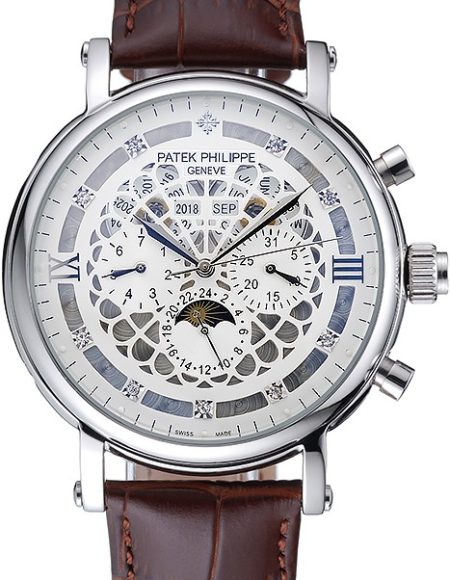 Patek Philippe Grand Complications Annual Calendar White Dial Diamond Numerals Brown Leather Bracelet  1454234