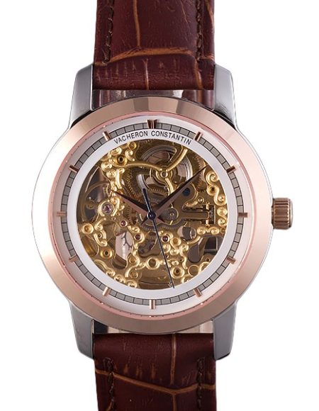 Vacheron Constantin White Skeleton  Watch with Rose Gold Bezel and Brown Leather Strap  621539