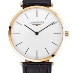 Swiss Longines Grande Classique White Dial Gold Case Black Leather Strap