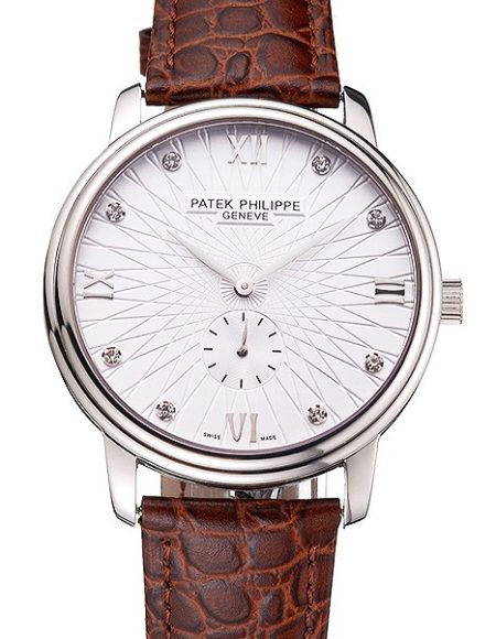 Patek Philippe Calatrava Date White Embossed Dial Stainless Steel Case Brown Leather Strap