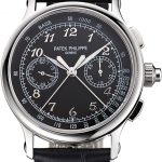 Swiss Patek Philippe Split Seconds Chronograph Black Dial Stainless Steel Case Black Leather Strap
