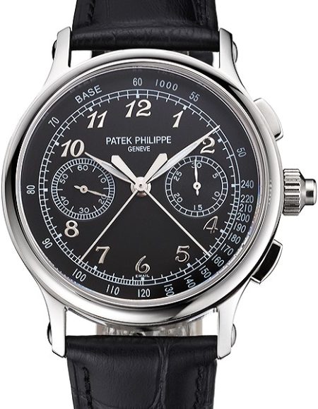 Swiss Patek Philippe Split Seconds Chronograph Black Dial Stainless Steel Case Black Leather Strap
