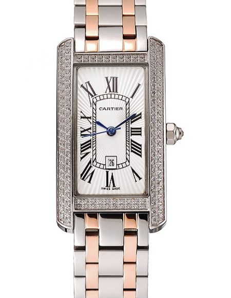 Cartier Tank Americaine White Dial Diamond Bezel Stainless Steel Case Two Tone Bracelet 1453778