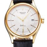Swiss Rolex Cellini Date White Dial Gold Case Black Leather Strap