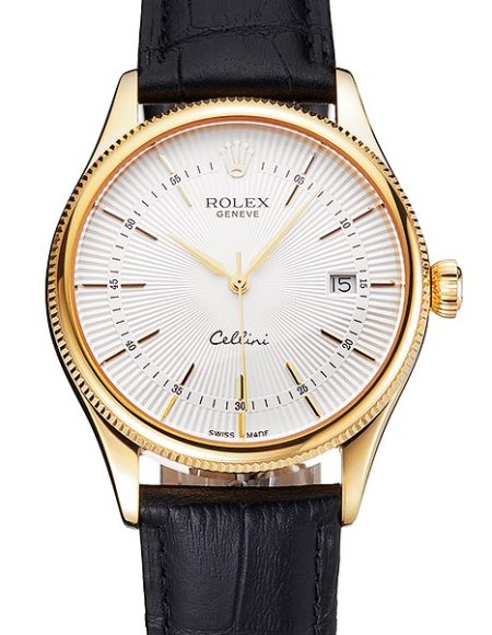 Swiss Rolex Cellini Date White Dial Gold Case Black Leather Strap