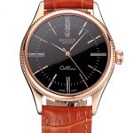Swiss Rolex Cellini Black Dial Roman Numerals Rose Gold Case Light Brown Leather Strap