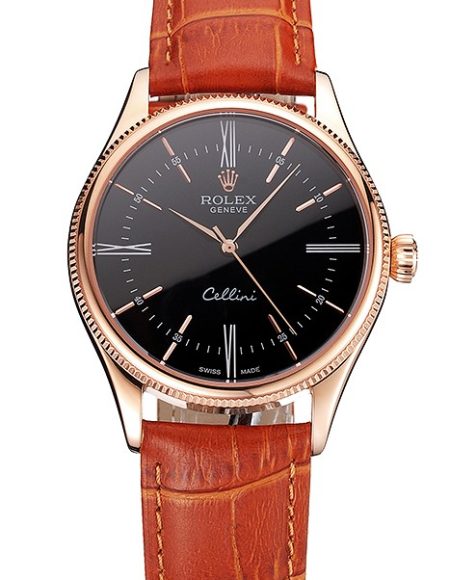 Swiss Rolex Cellini Black Dial Roman Numerals Rose Gold Case Light Brown Leather Strap