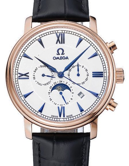Omega De Ville Moonphase White Dial Rose Gold Case Black Leather Bracelet  1454227