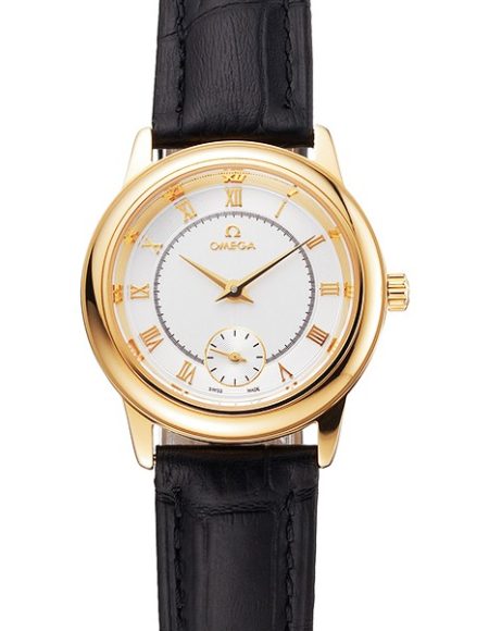 Omega De Ville Prestige Small Seconds White Dial Gold Case Black Leather Strap