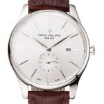 Patek Philippe Calatrava Date Silver Dial Stainless Steel Case Brown Leather Strap