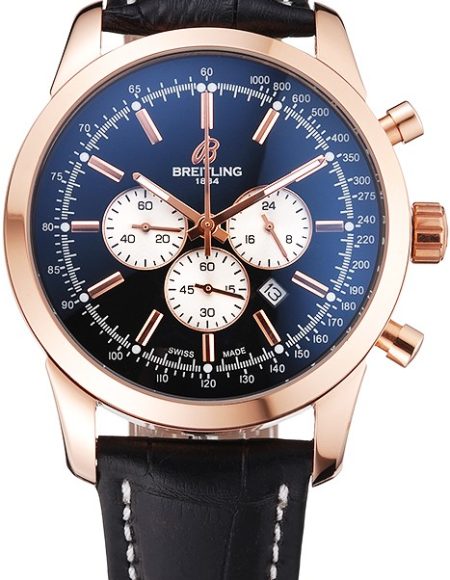 Breitling Transocean Black Dial Black Leather Strap Rose Gold Bezel 98204