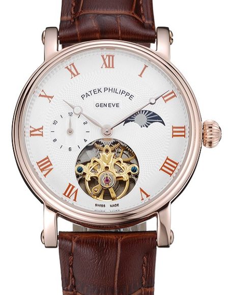Patek Philippe Complications Moonphase Tourbillon White Dial Rose Gold Case Brown Leather Strap