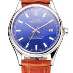 Swiss Rolex Datejust Blue Dial Stainless Steel Case Light Brown Leather Strap