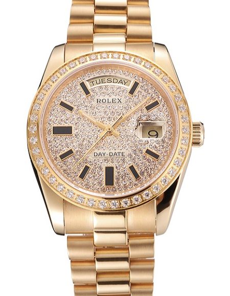 Swiss Rolex Day Date Diamond Pave Dial And Bezel Gold Case And Bracelet