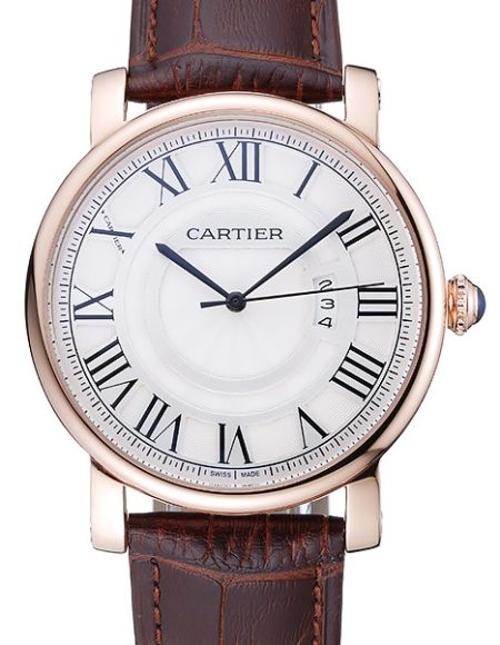 Cartier Rotonde White Dial Gold Case Brown Leather Bracelet 1454221