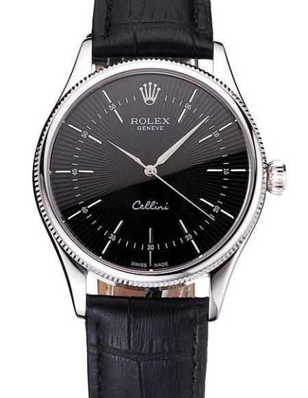 Swiss Rolex Cellini Black Dial Steel Case Black Leather Strap
