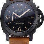 Panerai Luminor Marina Black Dial Matte Black Steel Case Brown Suede Leather Strap