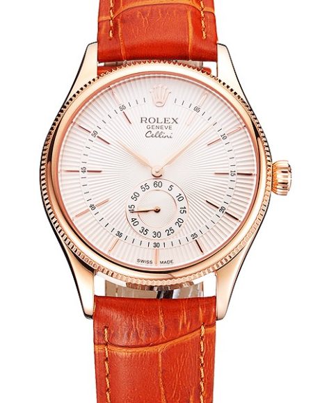 Swiss Rolex Cellini White Dial Rose Gold Case Light Brown Leather Strap