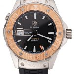 Swiss Tag Heuer Aquaracer Calibre 5 Black Dial Gold Bezel Stainless Steel Case Black Rubber Strap