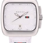 Gucci White Leather Strap Polished Stainless Steel Bezel White Dial 80218