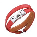 Hermes Replica Silver Pyramid Accent Cadena Lock Slim Red Leather Bracelet