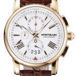 Montblanc Chronograph White Dial Brown Leather Bracelet Gold Case 1454113